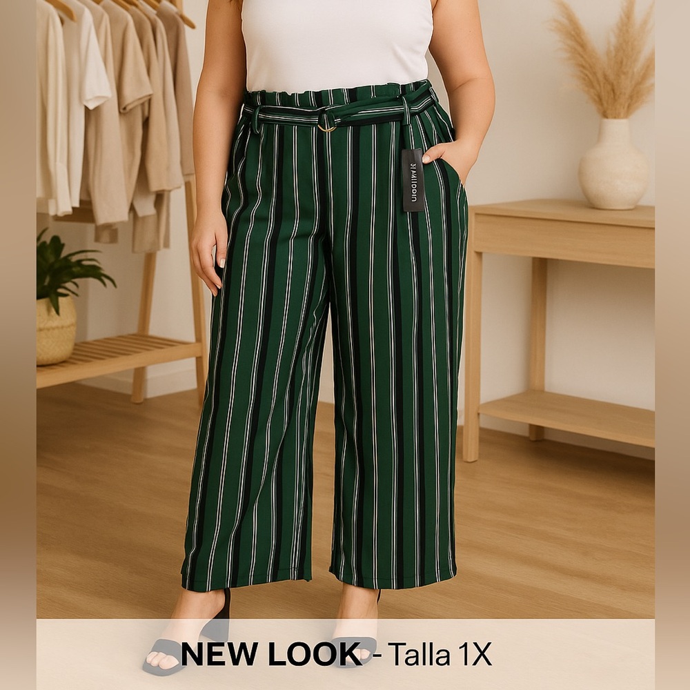 NWT- NEW LOOK Women’s Green Striped Wide-Leg Pants Belted SIZE 1X